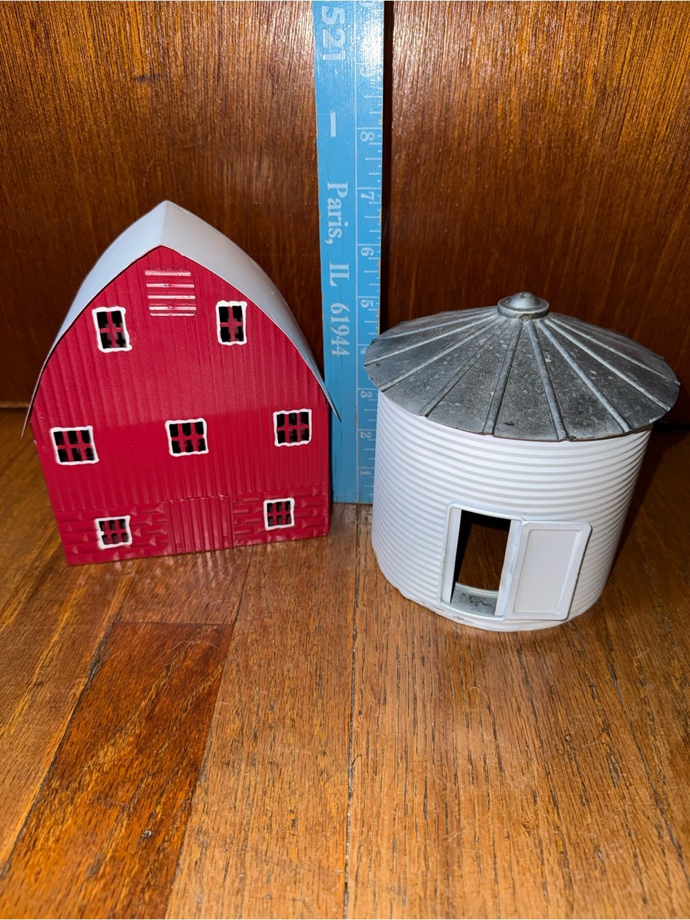 Red Metal Barn & White Grain Silo Decorative Pair